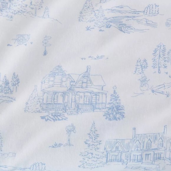 SNOWTOWN Cotton Flannel Sheet Set - Blue/White Toile Holiday QUEEN Size Set - Picture 5 of 6